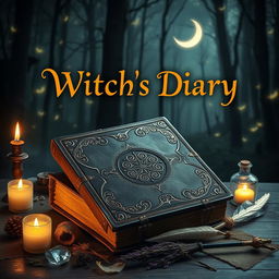 The cover of a witch's diary, featuring an ancient, leather-bound book with ornate, mystical designs embossed on the cover