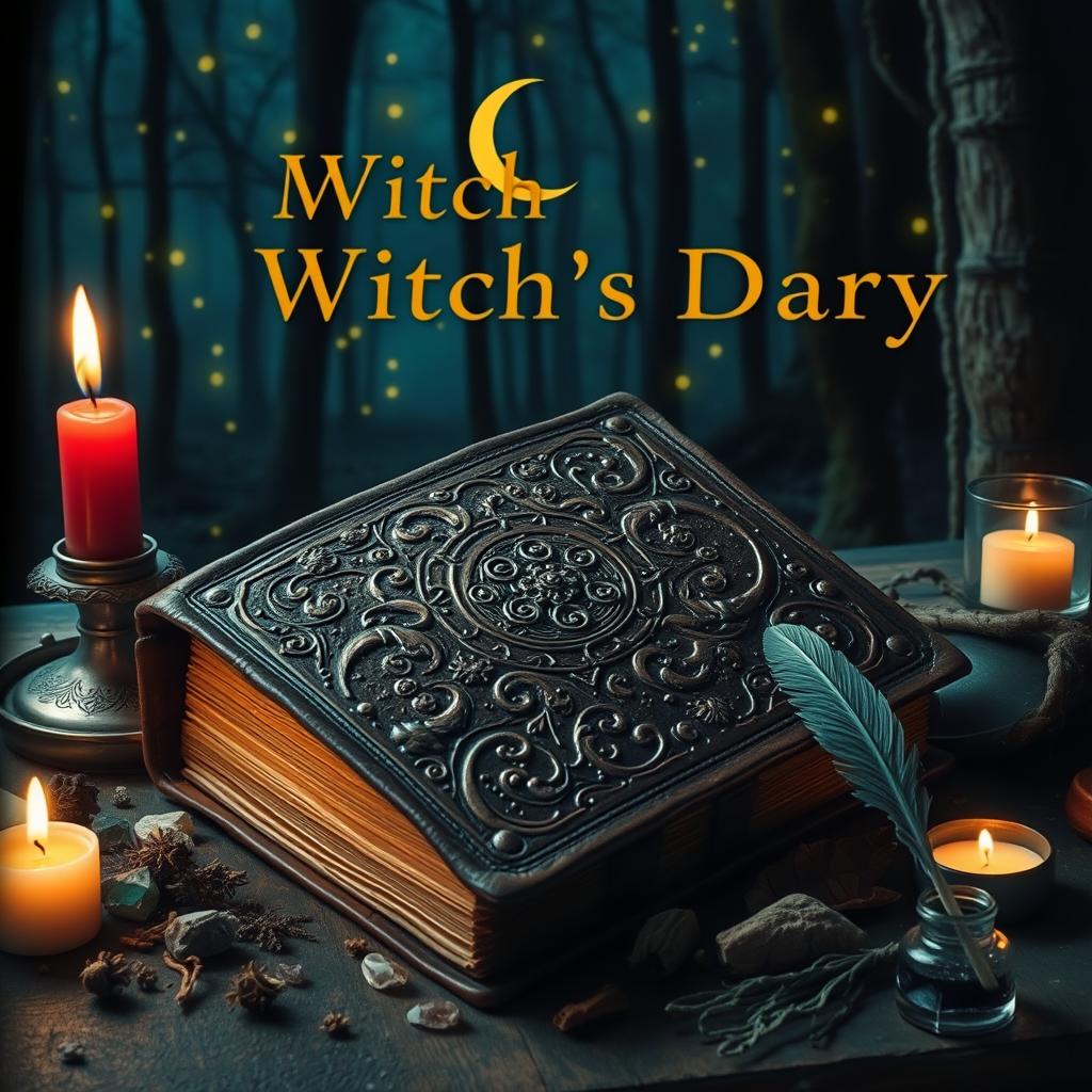 The cover of a witch's diary, featuring an ancient, leather-bound book with ornate, mystical designs embossed on the cover