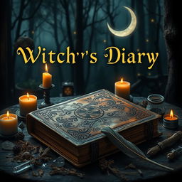 The cover of a witch's diary, featuring an ancient, leather-bound book with ornate, mystical designs embossed on the cover