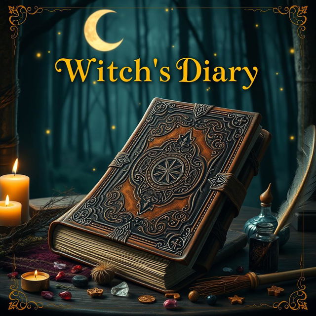 The cover of a witch's diary, featuring an ancient, leather-bound book with ornate, mystical designs embossed on the cover