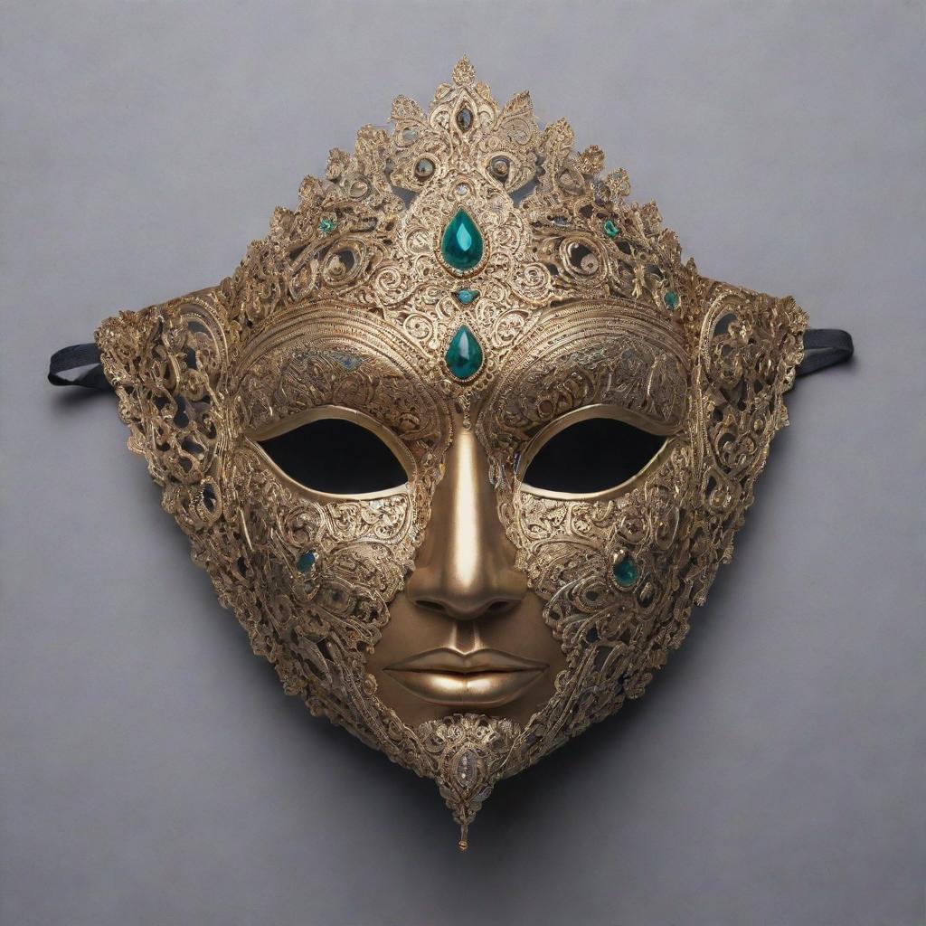 A front view of a captivating half-face mask, intricately designed in an Indian mythical style.