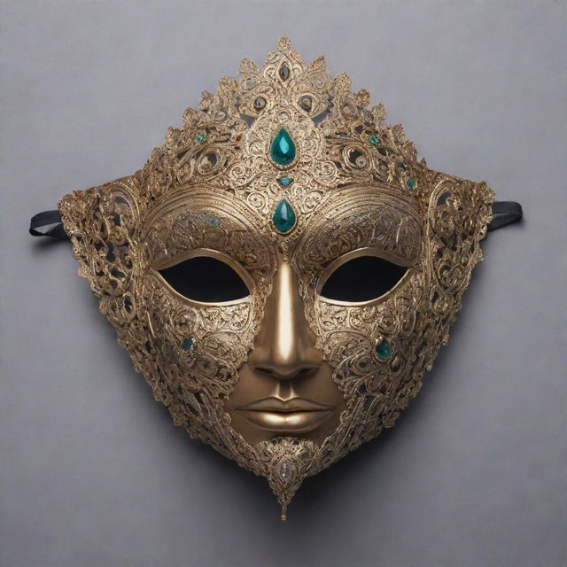 A front view of a captivating half-face mask, intricately designed in an Indian mythical style.