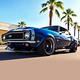 A stunning 1968 Chevy Camaro with a wide body kit, featuring aggressive flared fenders, custom front splitter, and a muscular stance