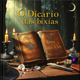 The cover of a witch's diary titled 'O Diário das Bruxas', featuring an intricately designed, weathered leather book with gold lettering and magical symbols embossed on the front