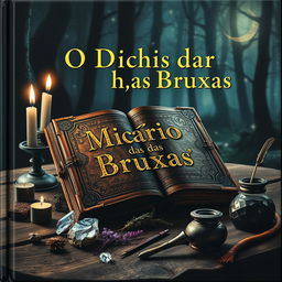 The cover of a witch's diary titled 'O Diário das Bruxas', featuring an intricately designed, weathered leather book with gold lettering and magical symbols embossed on the front