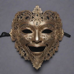 A front view of a captivating half-face mask, intricately designed in an Indian mythical style.