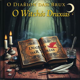 The cover of a witch's diary titled 'O Diário das Bruxas', featuring an intricately designed, weathered leather book with gold lettering and magical symbols embossed on the front