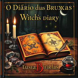 The cover of a witch's diary titled 'O Diário das Bruxas', featuring an intricately designed, weathered leather book with gold lettering and magical symbols embossed on the front