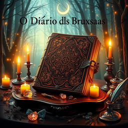 The cover of 'O Diário das Bruxas', showcasing an aged, spellbound leather journal adorned with intricate gold leaf patterns and arcane symbols