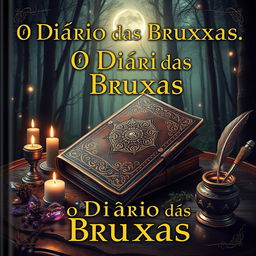 The cover of 'O Diário das Bruxas', showcasing an aged, spellbound leather journal adorned with intricate gold leaf patterns and arcane symbols