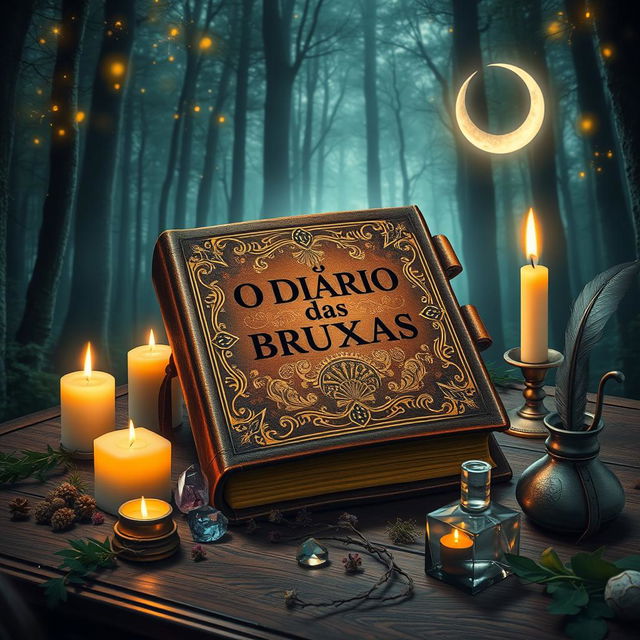 The cover of 'O Diário das Bruxas', showcasing an aged, spellbound leather journal adorned with intricate gold leaf patterns and arcane symbols