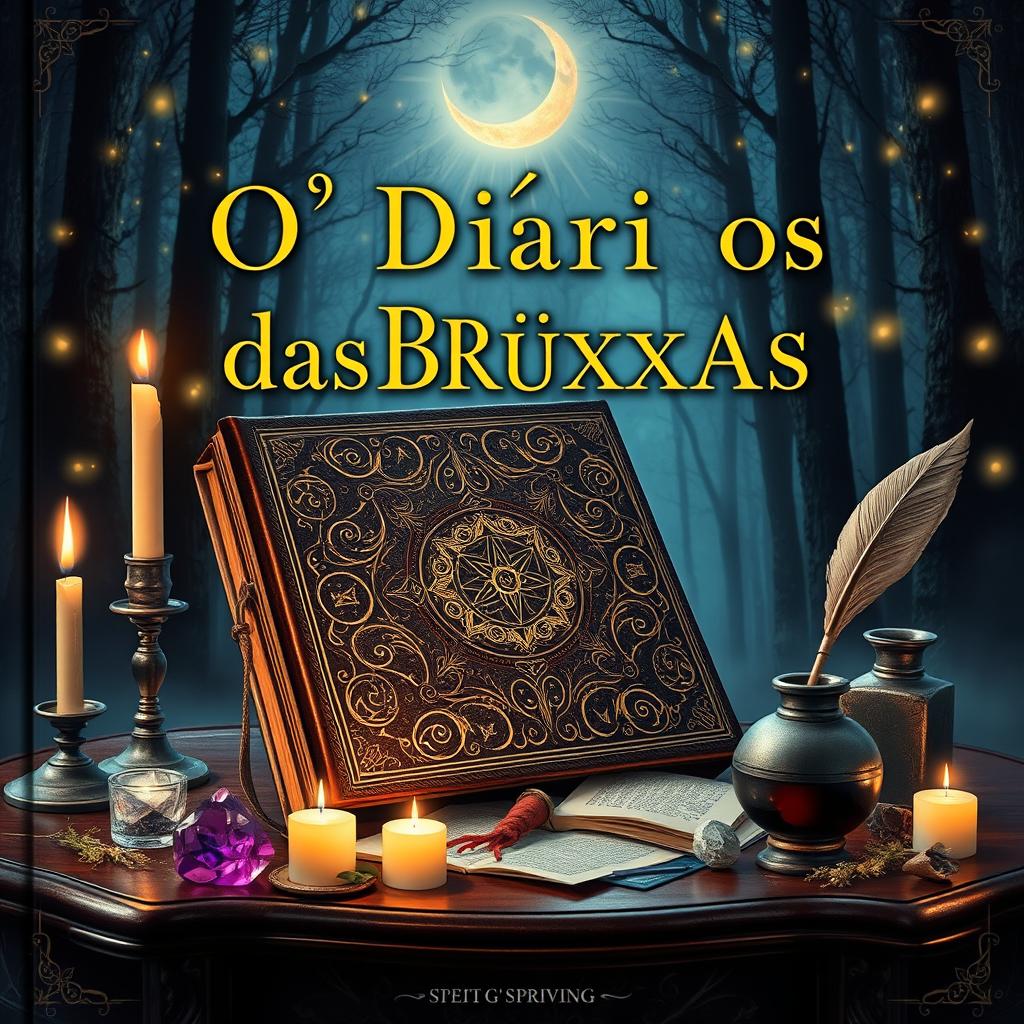 The cover of 'O Diário das Bruxas', showcasing an aged, spellbound leather journal adorned with intricate gold leaf patterns and arcane symbols