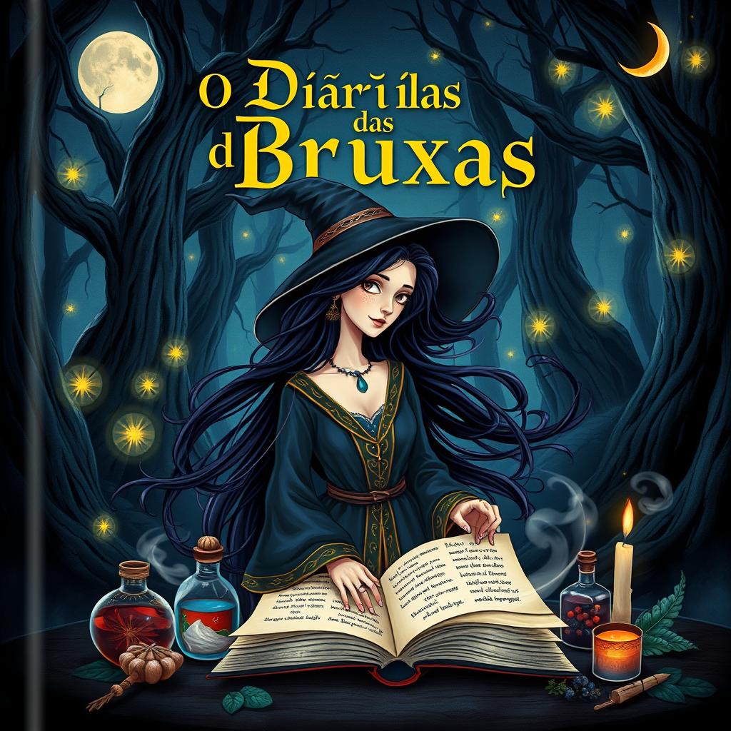 A beautifully illustrated book cover for 'O Diário das Bruxas', featuring a mystical and enchanting design