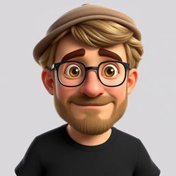 A Pixar-style animated character of a man in his 40s, showcasing short and thick disheveled light brown hair, complemented by a stylish hat