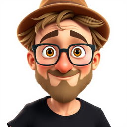 A Pixar-style animated character of a man in his 40s, showcasing short and thick disheveled light brown hair, complemented by a stylish hat