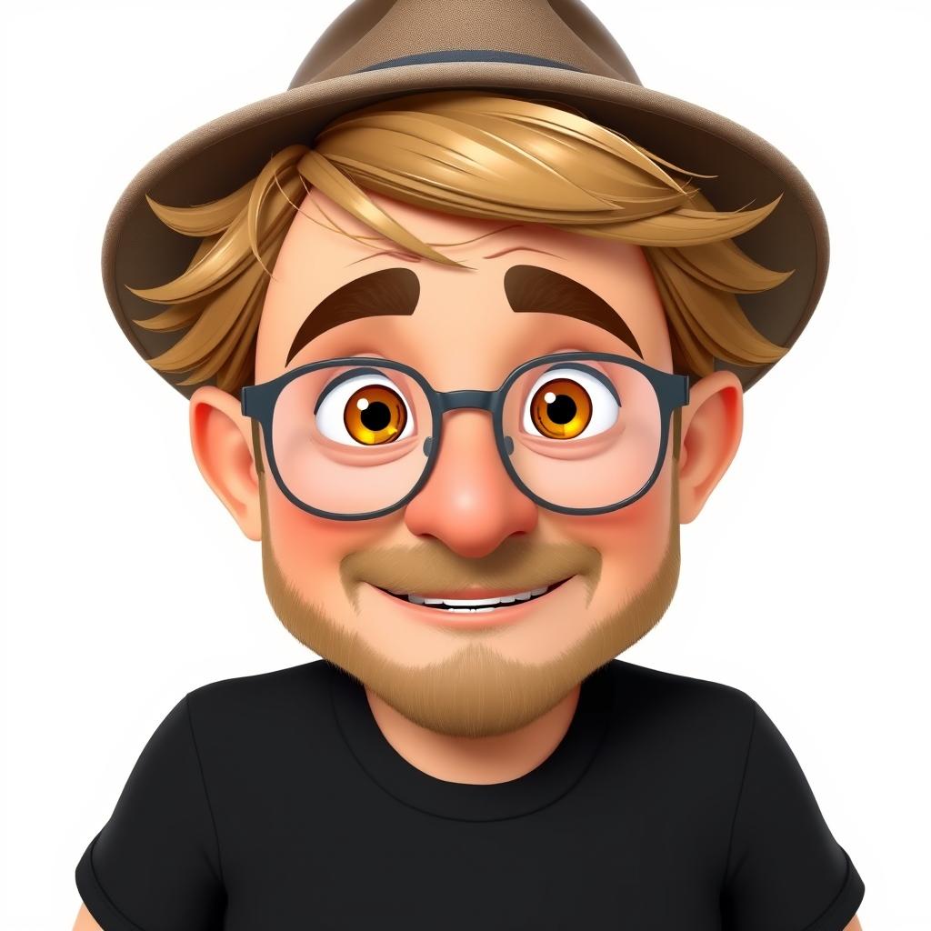 A Pixar-style animated character of a man in his 40s, showcasing short and thick disheveled light brown hair, complemented by a stylish hat