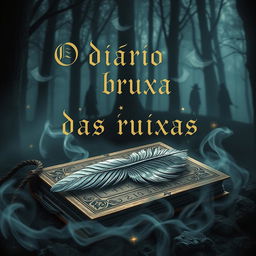 A captivating book cover for "O diário das bruxas" featuring a dark, mystical forest shrouded in mist