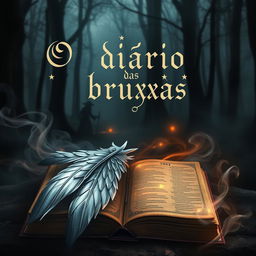 A captivating book cover for "O diário das bruxas" featuring a dark, mystical forest shrouded in mist