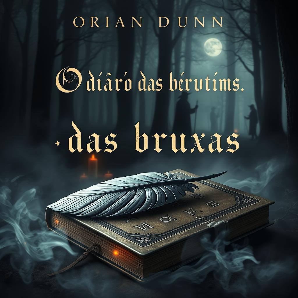 A captivating book cover for "O diário das bruxas" featuring a dark, mystical forest shrouded in mist