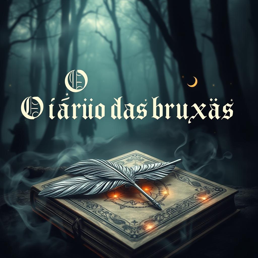 A captivating book cover for "O diário das bruxas" featuring a dark, mystical forest shrouded in mist