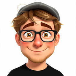 A Pixar-style animated character of a man in his late 30s, featuring short and thick disheveled light brown hair topped with a stylish cap