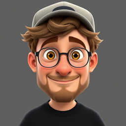 A Pixar-style animated character of a man in his late 30s, featuring short and thick disheveled light brown hair topped with a stylish cap