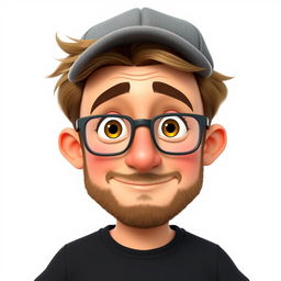 A Pixar-style animated character of a man in his late 30s, featuring short and thick disheveled light brown hair topped with a stylish cap