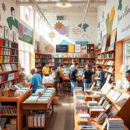 A vibrant and inviting stationery store, filled with shelves adorned with colorful notebooks, intricate pens, various art supplies, and decorative items