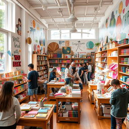 A vibrant and inviting stationery store, filled with shelves adorned with colorful notebooks, intricate pens, various art supplies, and decorative items