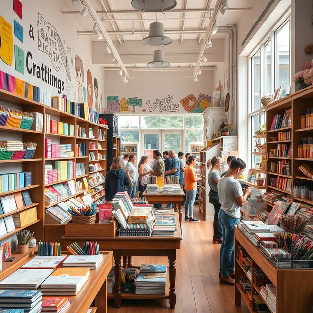 A vibrant and inviting stationery store, filled with shelves adorned with colorful notebooks, intricate pens, various art supplies, and decorative items