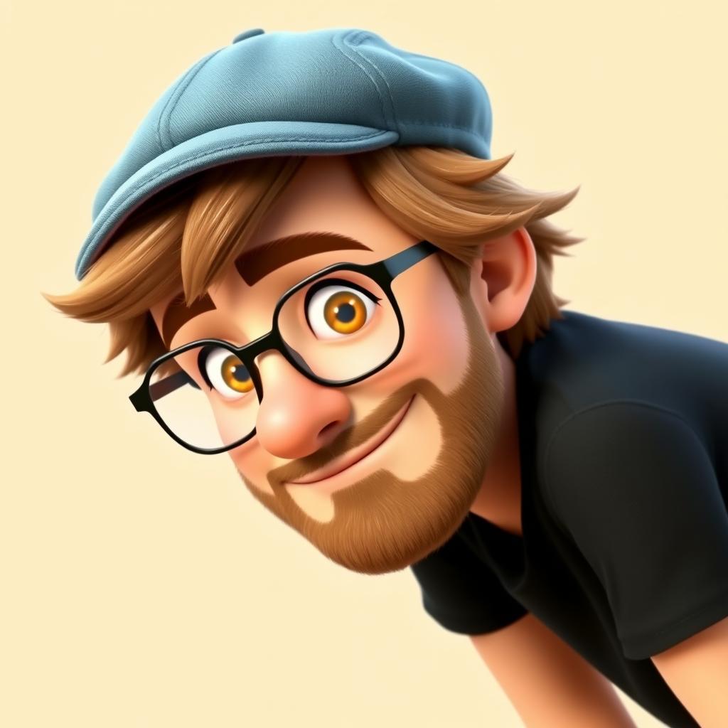 A Pixar-style animated character of a man in his late 30s, showcasing short and thick disheveled light brown hair, topped with a trendy jean cap