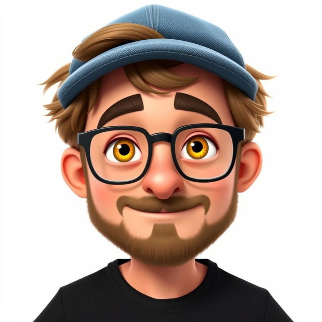 A Pixar-style animated character of a man in his late 30s, showcasing short and thick disheveled light brown hair, topped with a trendy jean cap