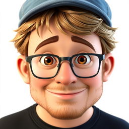 A Pixar-style animated character of a man in his late 30s, showcasing short and thick disheveled light brown hair, topped with a trendy jean cap