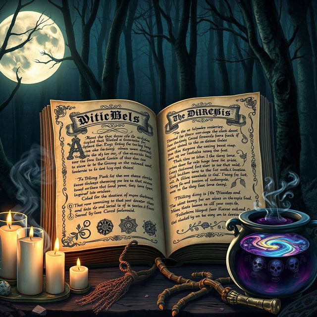 A beautifully illustrated open diary of witches, showcasing intricate spells, herbal remedies, and mystical symbols