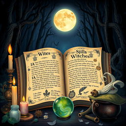 A beautifully illustrated open diary of witches, showcasing intricate spells, herbal remedies, and mystical symbols