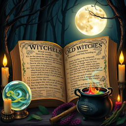 A beautifully illustrated open diary of witches, showcasing intricate spells, herbal remedies, and mystical symbols