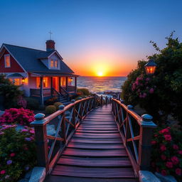 A picturesque coastal house situated near the shimmering sea, elegantly decorated with colorful lanterns that evoke a warm and inviting atmosphere