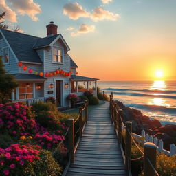 A picturesque coastal house situated near the shimmering sea, elegantly decorated with colorful lanterns that evoke a warm and inviting atmosphere