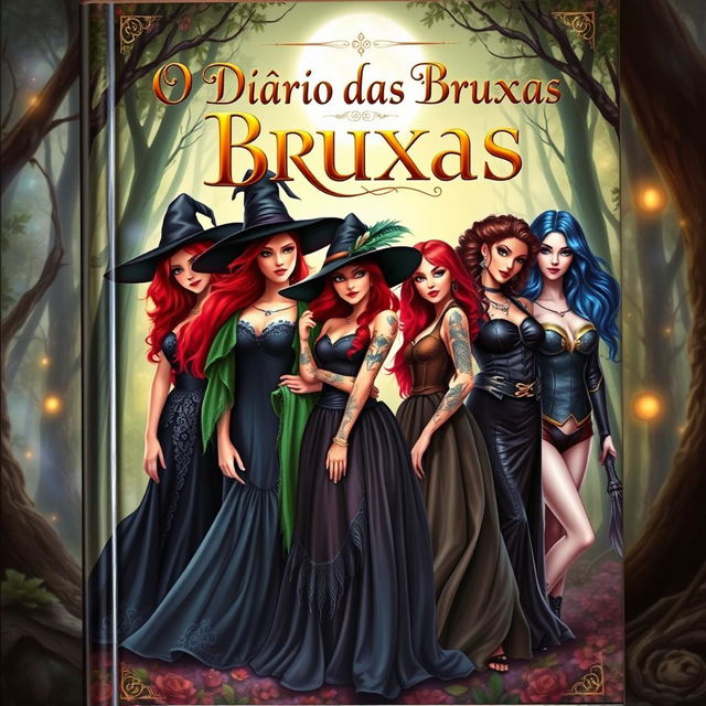 The cover of 'O Diário das Bruxas' features five diverse and captivating witches, each with unique looks and styles