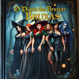 The cover of 'O Diário das Bruxas' features five diverse and captivating witches, each with unique looks and styles