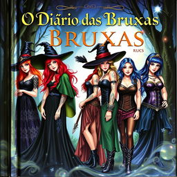 The cover of 'O Diário das Bruxas' features five diverse and captivating witches, each with unique looks and styles