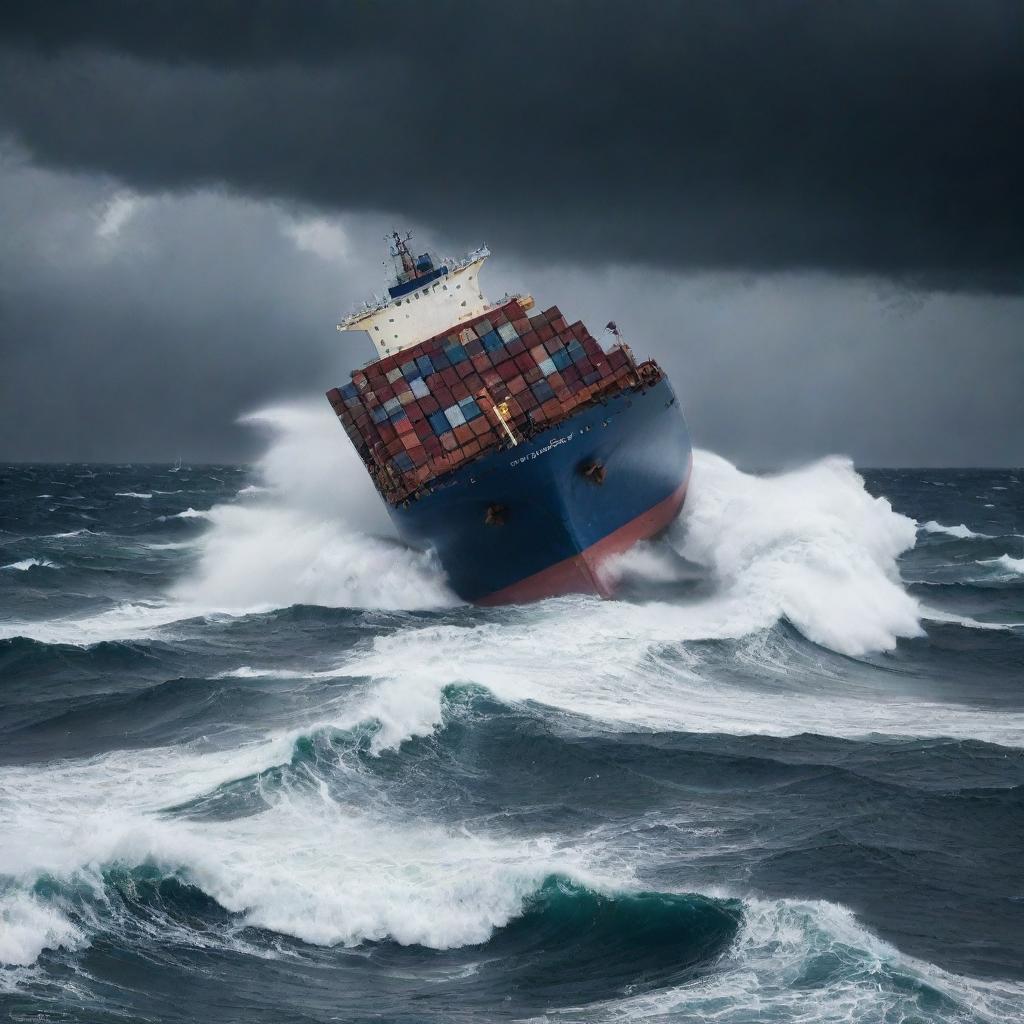 A dramatic scene in the middle of the stormy sea where a large container ship is tilting dangerously, implying that it's sinking, waves crashing onto it, under an ominous dark sky.