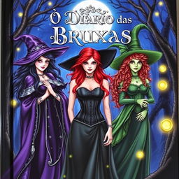 The cover of 'O Diário das Bruxas' features three enchanting witches, each with distinct appearances and styles