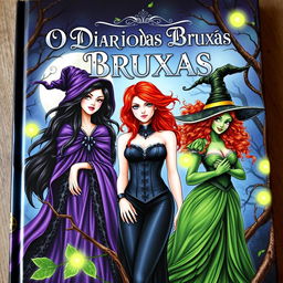 The cover of 'O Diário das Bruxas' features three enchanting witches, each with distinct appearances and styles