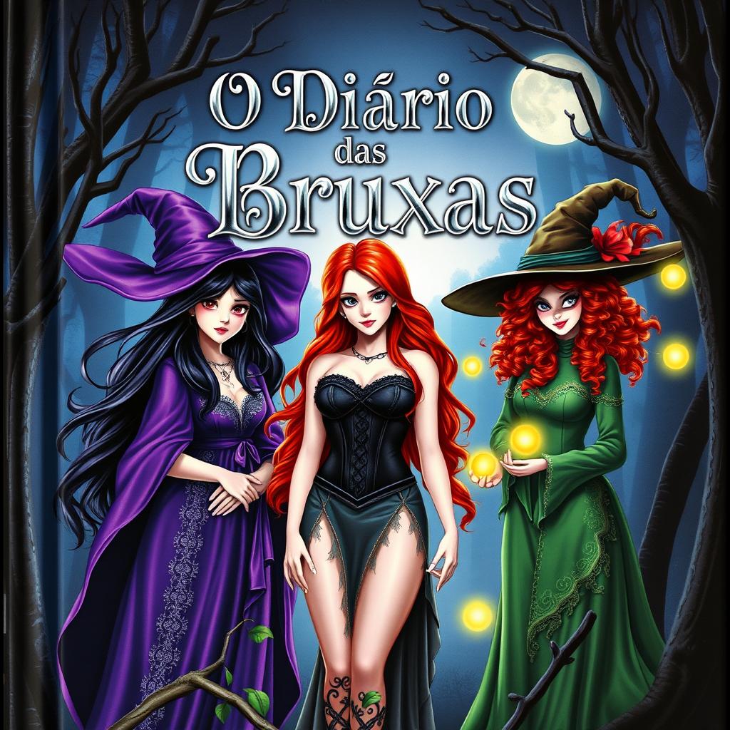 The cover of 'O Diário das Bruxas' features three enchanting witches, each with distinct appearances and styles