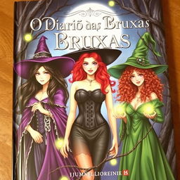 The cover of 'O Diário das Bruxas' features three enchanting witches, each with distinct appearances and styles