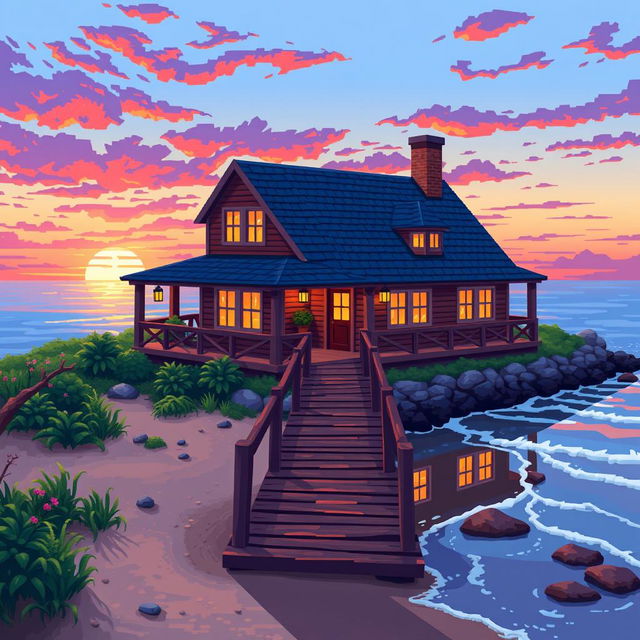 A charming pixel art depiction of a coastal house positioned near the sea, featuring vibrant colors and detailed pixelated textures