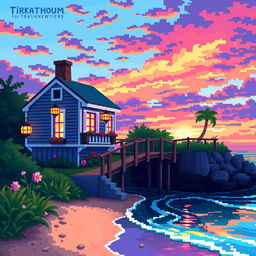 A charming pixel art depiction of a coastal house positioned near the sea, featuring vibrant colors and detailed pixelated textures