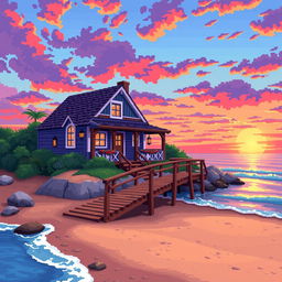 A charming pixel art depiction of a coastal house positioned near the sea, featuring vibrant colors and detailed pixelated textures