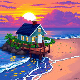 A charming pixel art depiction of a coastal house positioned near the sea, featuring vibrant colors and detailed pixelated textures